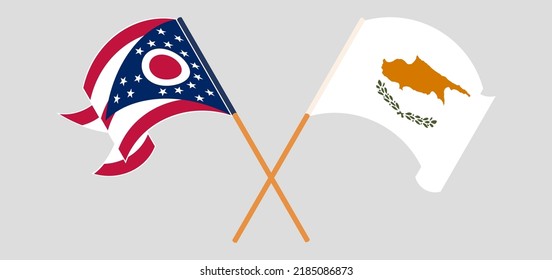 Crossed and waving flags of the State of Ohio and Cyprus. Vector illustration
