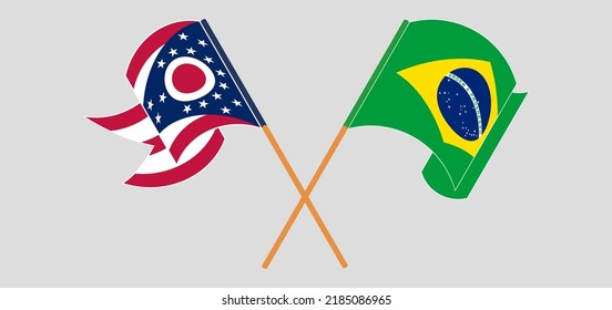 Crossed and waving flags of the State of Ohio and Brazil. Vector illustration
