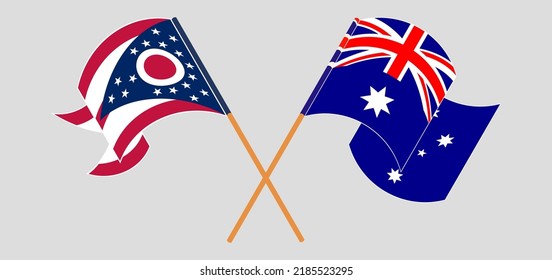 Crossed and waving flags of the State of Ohio and Australia. Vector illustration
