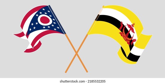 Überquerte und wehende Flaggen des Staates Ohio und Brunei. Vektorgrafik
