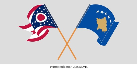 Crossed and waving flags of the State of Ohio and Kosovo. Vector illustration
