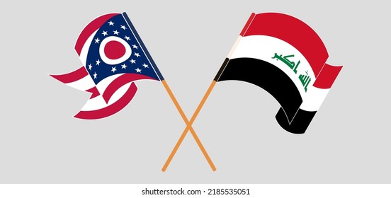Crossed and waving flags of the State of Ohio and Iraq. Vector illustration
