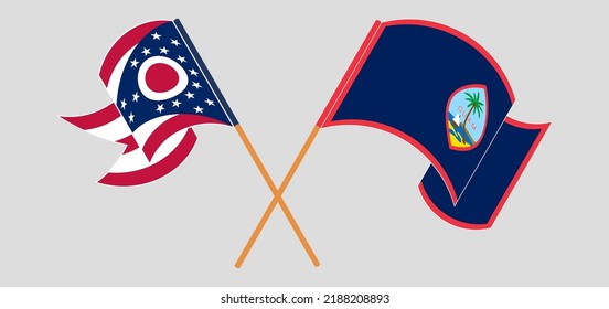 Crossed and waving flags of the State of Ohio and Guam. Vector illustration
