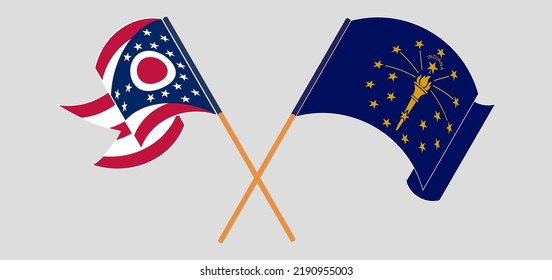 Crossed and waving flags of the State of Ohio and the State of Indiana. Vector illustration
