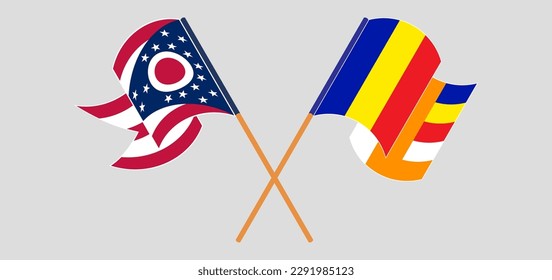 Crossed and waving flags of the State of Ohio and Buddhism. Vector illustration
