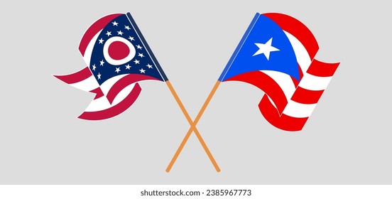 Crossed and waving flags of the State of Ohio and Puerto Rico. Vector illustration

