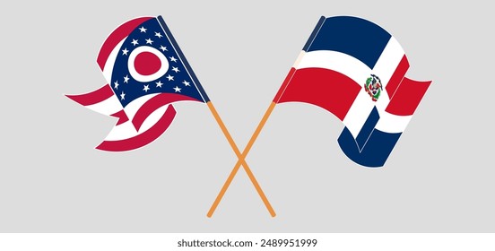 Crossed and waving flags of the State of Ohio and Dominican Republic. Vector illustration
