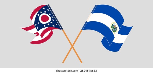 Crossed and waving flags of the State of Ohio and Republic of El Salvador. Vector illustration.
