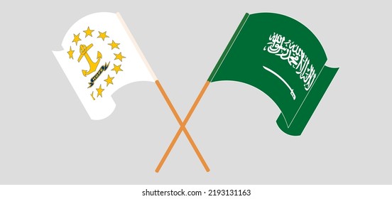 Crossed and waving flags of the State of Rhode Island and Saudi Arabia. Vector illustration

