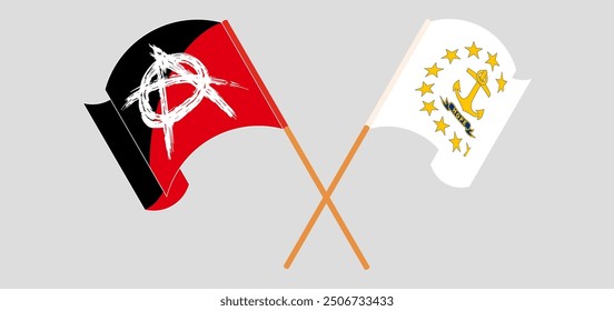 Crossed and waving flags of the State of Rhode Island and Anarchy. Vector illustration
