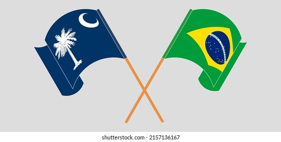 Crossed and waving flags of The State of South Carolina and Brazil. Vector illustration
