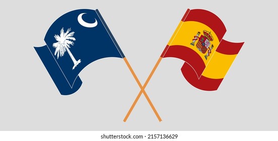 Crossed and waving flags of The State of South Carolina and Spain. Vector illustration
