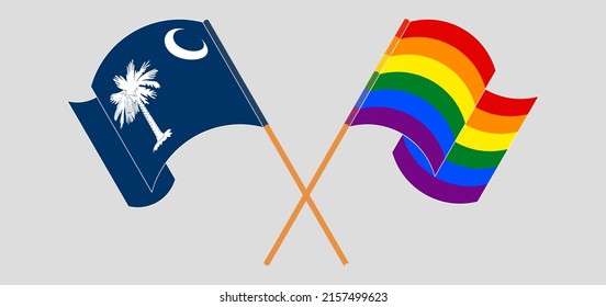 Crossed and waving flags of The State of South Carolina and LGBTQ. Vector illustration
