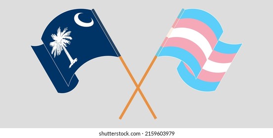 Crossed and waving flags of The State of South Carolina and Transgender Pride. Vector illustration
