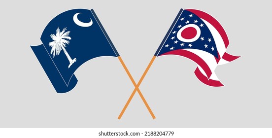 Crossed and waving flags of The State of South Carolina and the State of Ohio. Vector illustration
