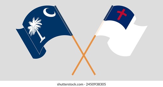 Crossed and waving flags of The State of South Carolina and christianity. Vector illustration
