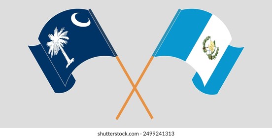 Crossed and waving flags of The State of South Carolina and Republic of Guatemala. Vector illustration
