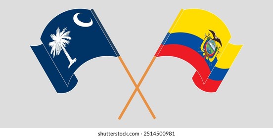 Crossed and waving flags of The State of South Carolina and Republic of Ecuador. Vector illustration.
