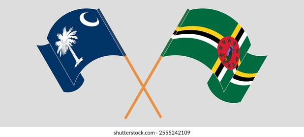 Crossed and waving flags of The State of South Carolina and Dominica. Vector illustration.
