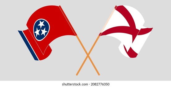 Crossed and waving flags of The State of Tennessee and The State of Alabama. Vector illustration
