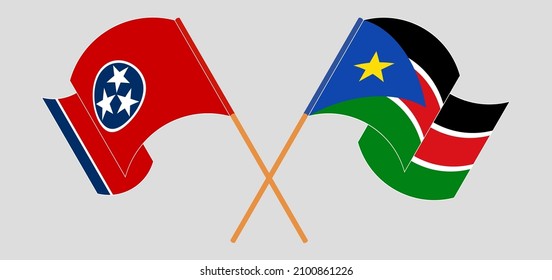 Banderas cruzadas y ondeando banderas del Estado de Tennessee y Sudán del Sur. Ilustración del vector
