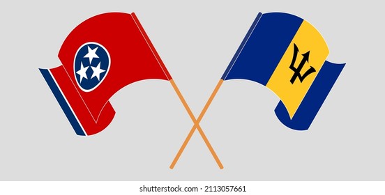 Crossed and waving flags of The State of Tennessee and Barbados. Vector illustration
