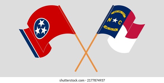 Crossed and waving flags of The State of Tennessee and The State of North Carolina. Vector illustration
