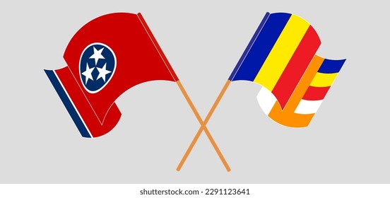 Crossed and waving flags of The State of Tennessee and Buddhism. Vector illustration

