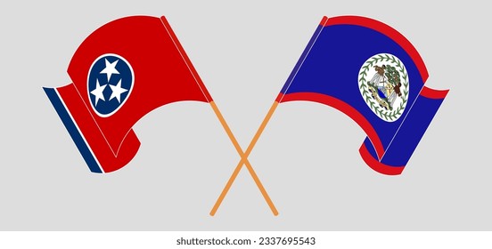 Crossed and waving flags of The State of Tennessee and Belize. Vector illustration

