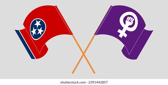 Crossed and waving flags of The State of Tennessee and Feminism. Vector illustration
