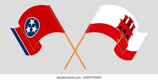 Crossed and waving flags of The State of Tennessee and Gibraltar. Vector illustration
