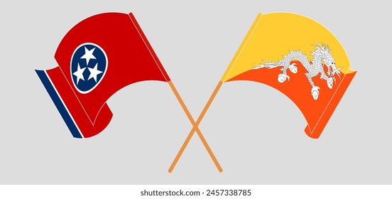 Crossed and waving flags of The State of Tennessee and Bhutan. Vector illustration
