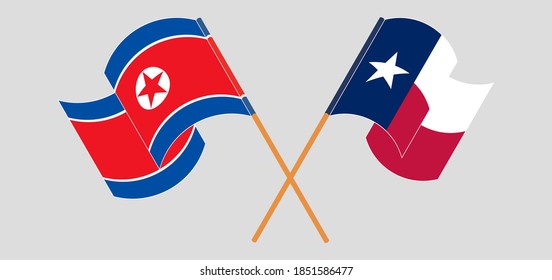 Banderas cruzadas y ondeando banderas del Estado de Texas y de Corea del Norte