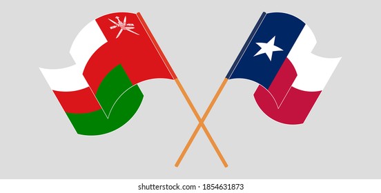Banderas cruzadas y ondeando banderas del Estado de Texas y Omán