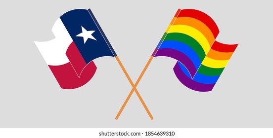 Crossed and waving flags of the State of Texas and LGBTQ