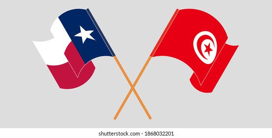 Banderas cruzadas y ondeando banderas del Estado de Texas y Túnez