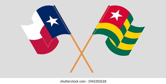 Crossed and waving flags of the State of Texas and Togo. Vector illustration