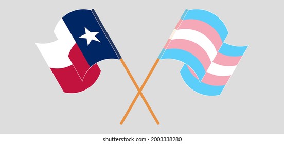 Crossed and waving flags of the State of Texas and Transgender Pride