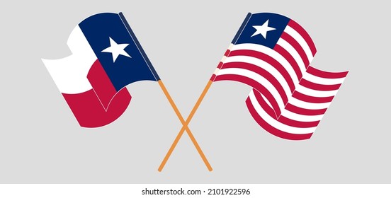 Crossed and waving flags of the State of Texas and Liberia. Vector illustration

