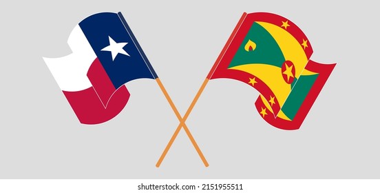 Crossed and waving flags of the State of Texas and Grenada. Vector illustration
