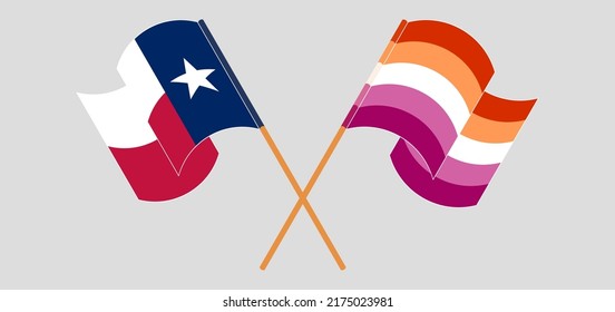 Crossed and waving flags of the State of Texas and Lesbian Pride