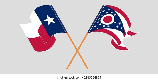 Crossed and waving flags of the State of Texas and the State of Ohio. Vector illustration

