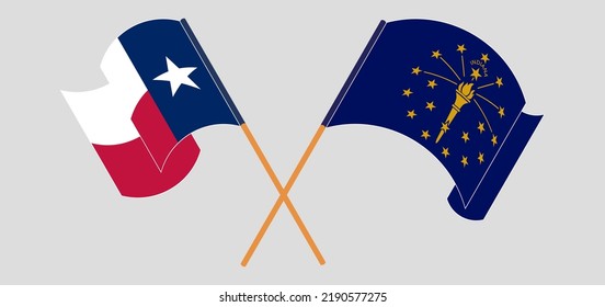 Crossed and waving flags of the State of Texas and the State of Indiana. Vector illustration
