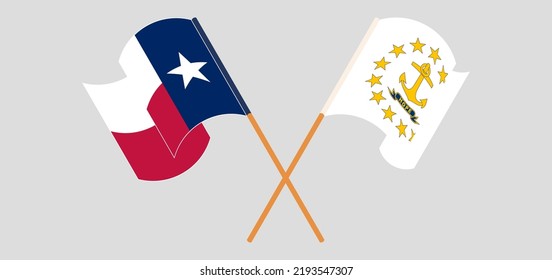 Crossed and waving flags of the State of Texas and the State of Rhode Island. Vector illustration
