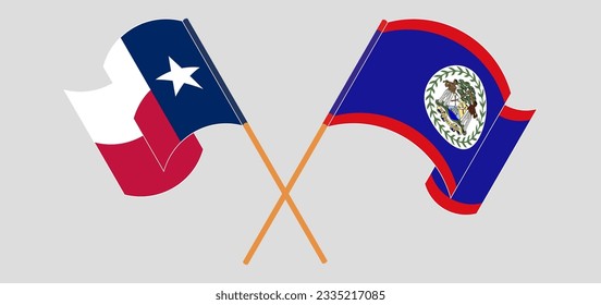Crossed and waving flags of The State of Texas and Belize. Vector illustration
