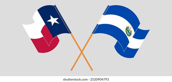 Bandeiras cruzadas e acenando do Estado do Texas e da República de El Salvador. Ilustração vetorial.
