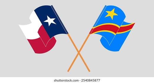 Banderas cruzadas y ondeando del Estado de Texas y la República Democrática del Congo. Ilustración vectorial.