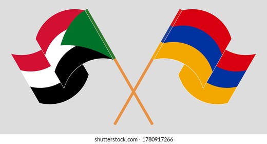 Crossed and waving flags of Sudan and Armenia