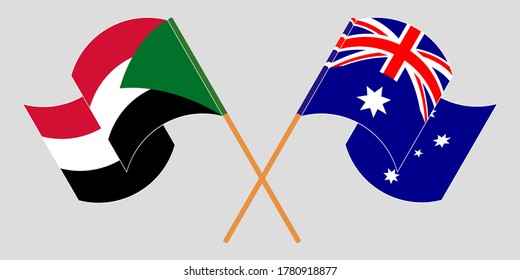 Crossed and waving flags of Sudan and Australia