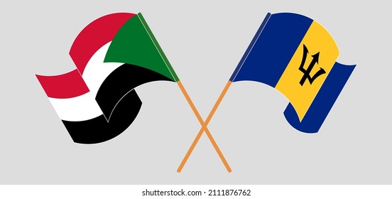 Crossed and waving flags of the Sudan and Barbados. Vector illustration
